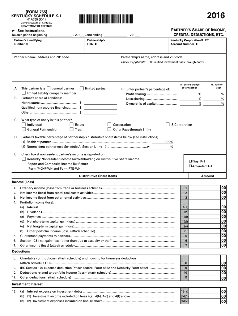  Kentucky 765 Form 2016