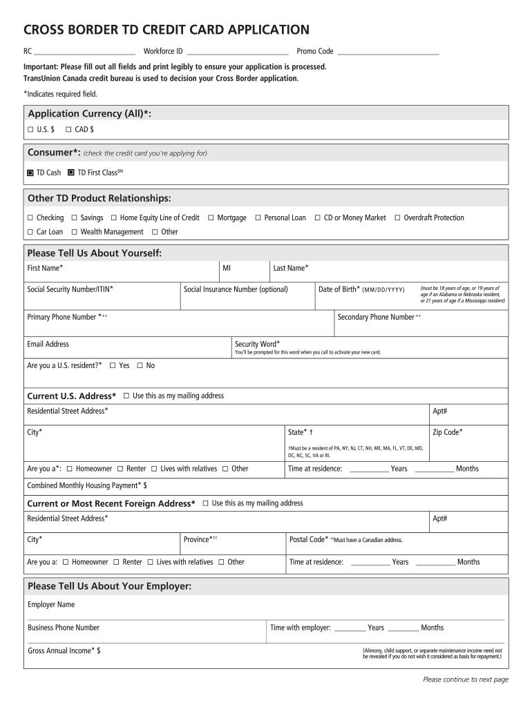  CROSS BORDER TD CREDIT CARD APPLICATION 2015-2024