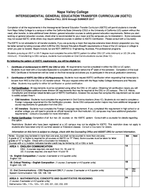  General Education Pattern Sheet IGETC Napa Valley College Napavalley 2016