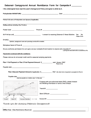 Debonair Campground Annual Remittance Form for Campsite #