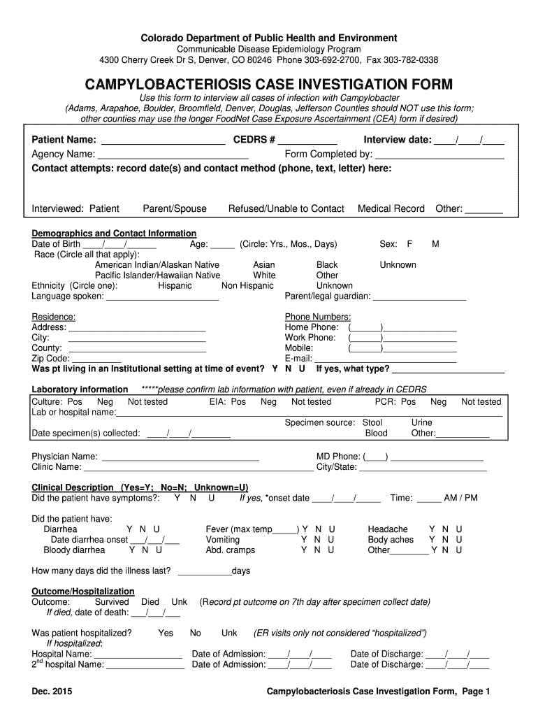 CAMPYLOBACTERIOSIS CASE INVESTIGATION FORM Colorado