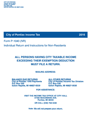 City of Pontiac Income Tax Form P 1040 NR Individual