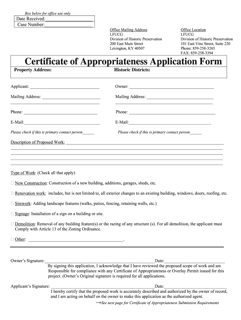 Certificate of Appropriateness Application Form  LexingtonKy Gov