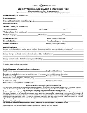 STUDENT MEDICAL INFORMATION &amp; EMERGENCY FORM Each Corpuschristisaints