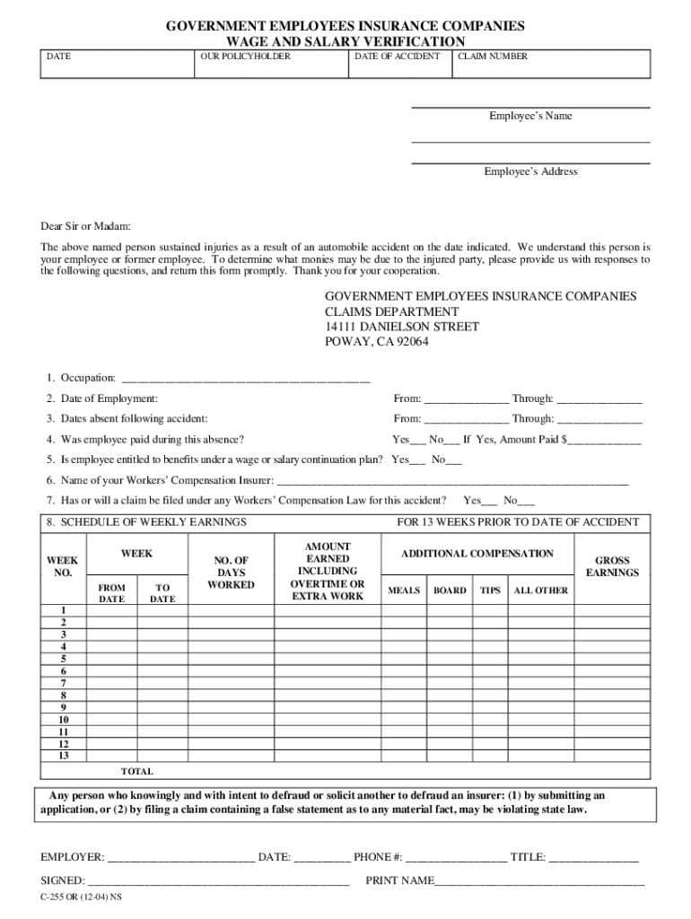 Get and Sign Geico Wage and Salary Verification 2004-2022 Form