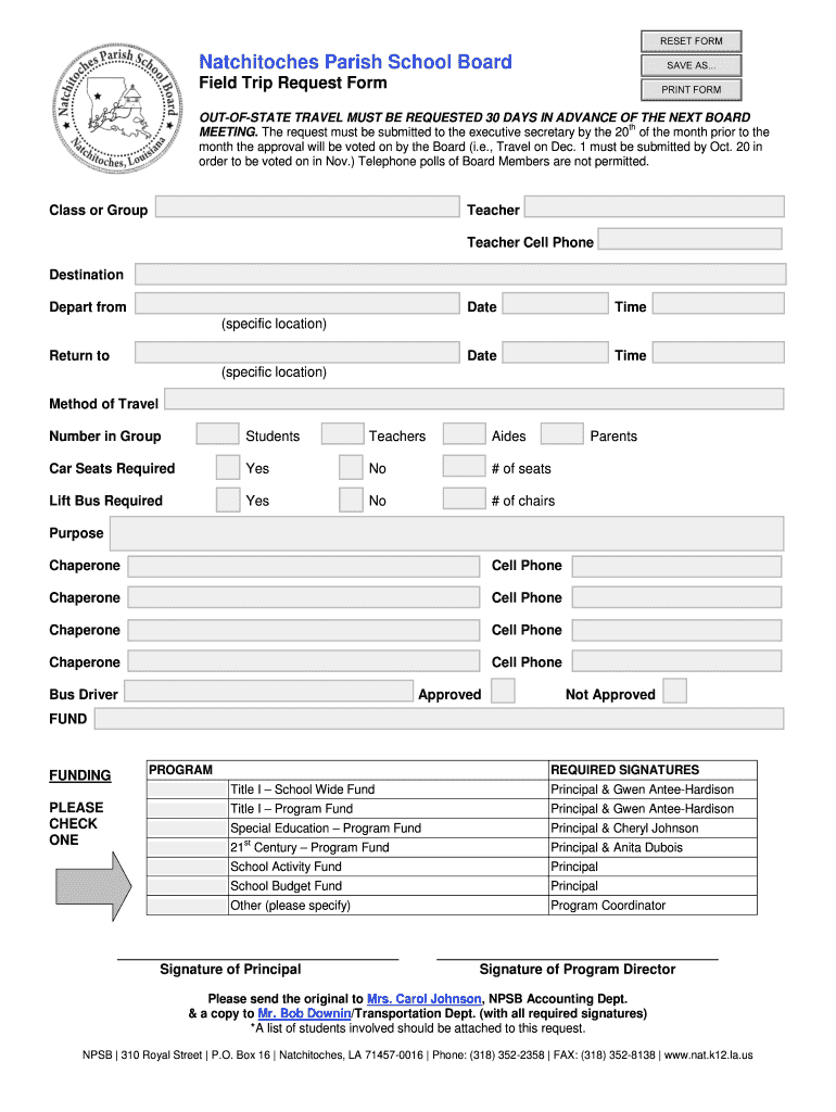 Natchitoches Parish School Board Field Trip Request Form
