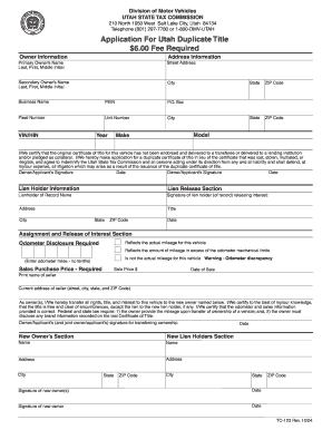  Utah Duplicate Title Form 2011