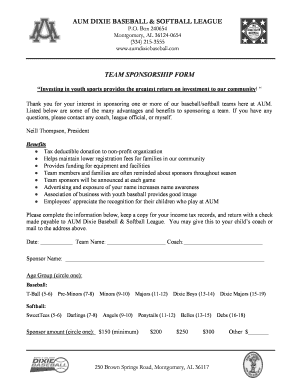 Aum Dixie Baseball &amp; Softball League Team Sponsorship Form