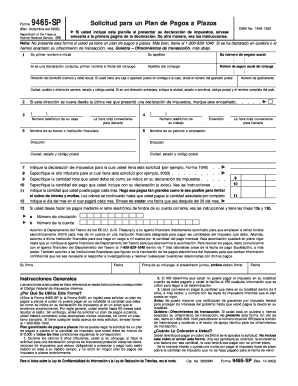 Form 9465SP Rev December Installment Agreement Request Spanish
