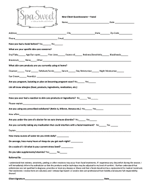 Spa Sweet New Client Questionnaire Facial DOCX  Form