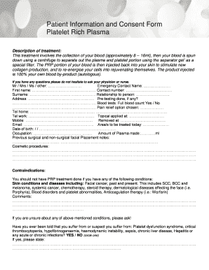 Patient Information and Consent Form Platelet Rich Plasma