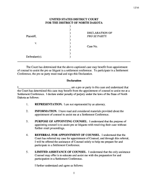 Declaration of Pro Se Party District of North Dakota  Form