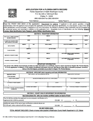  Florida Application Birth Form 2016-2024