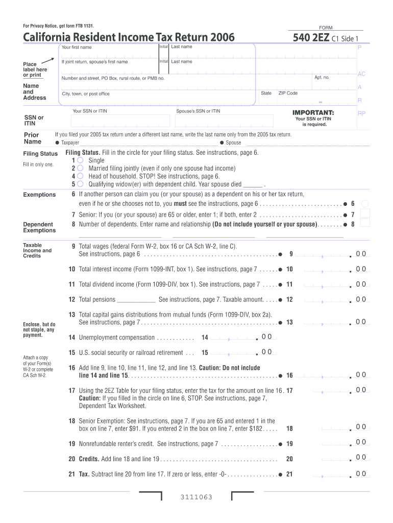 California Resident Income Tax Return Form 540 2EZ