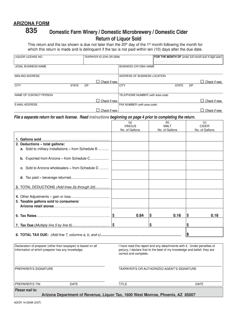  Arizona Form 835 Domestic Farm WineryDomestic MicrobreweryDomestic Cider Return of Liquor Sold 2017-2024