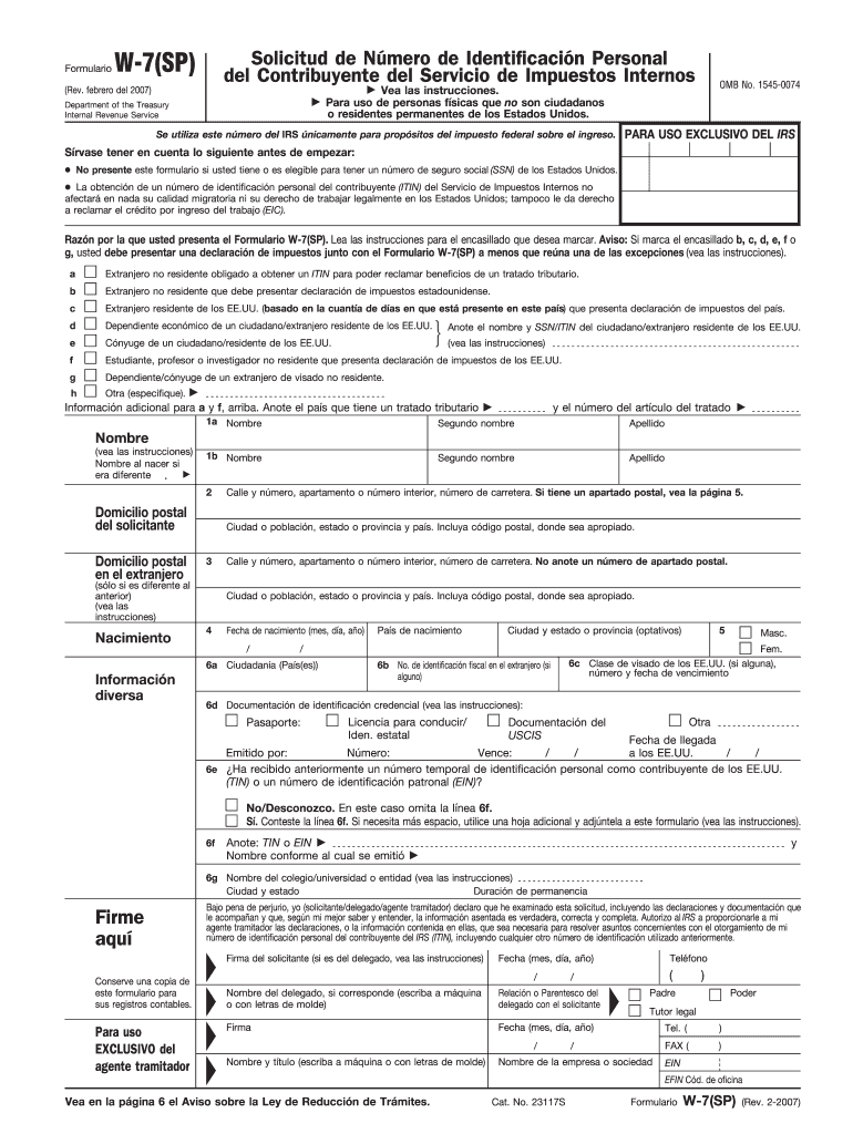  Form W 7SP Rev February Application for IRS Individual Taxpayer Identification Number Spanish Version 2007