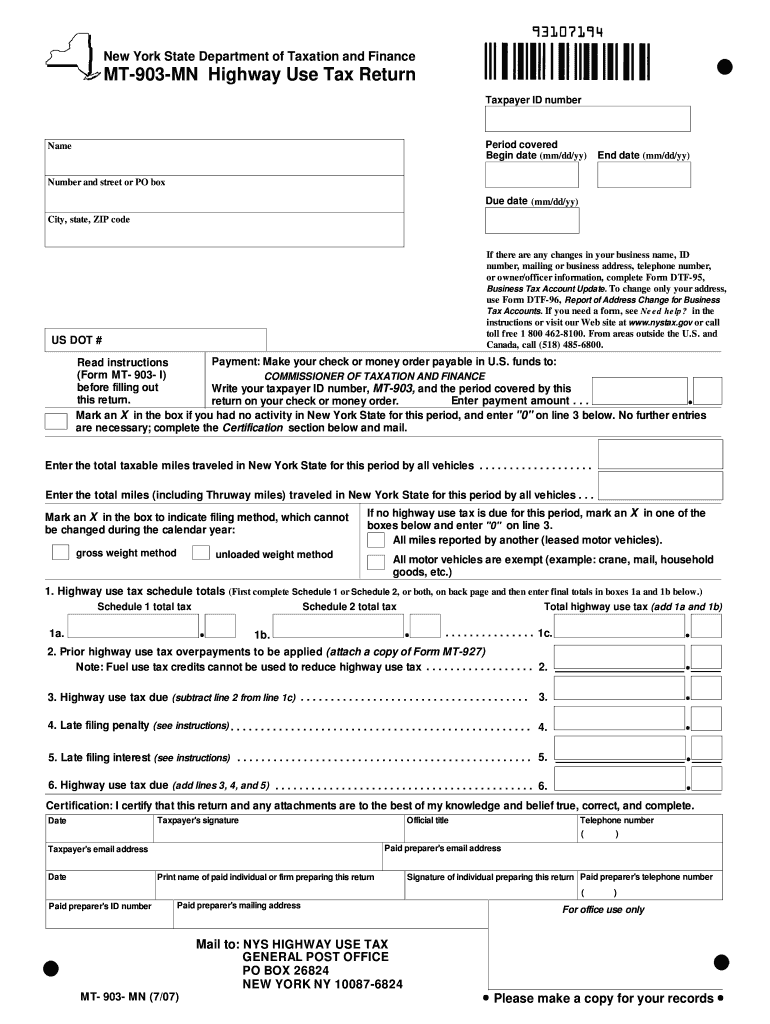  Form MT 903 MN707 Highway Use Tax Return, MT903MN 2015