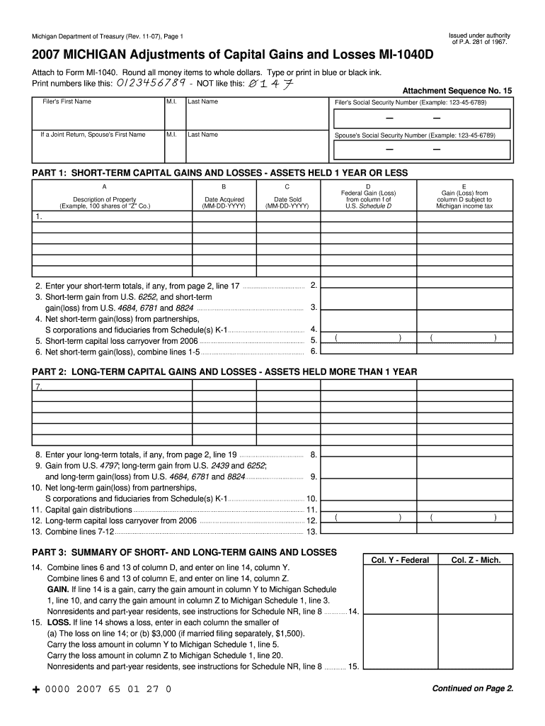  MI 1040D, Adjustments of Capital Gains and Losses 2007