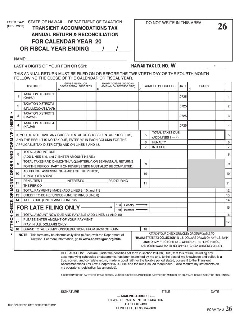  Form TA 2, Rev , Transient Accommodations Tax Annual Return & Reconciliation Forms 2007