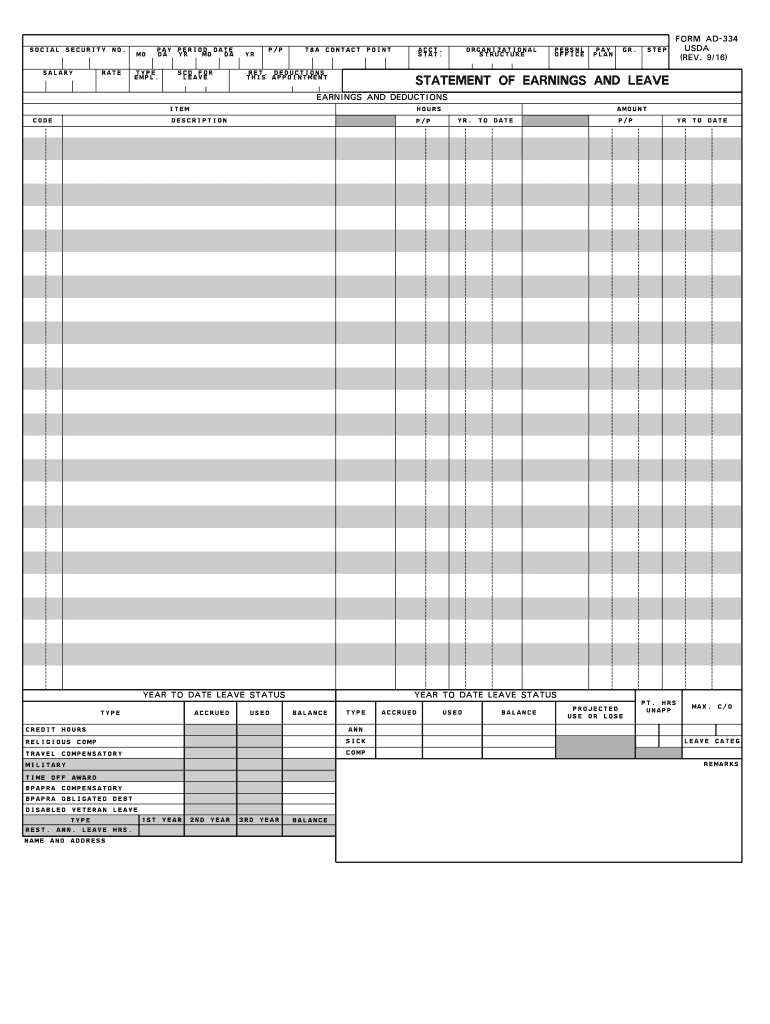  Form AD 334, Statement of Earnings and Leave Ocio Usda 2016