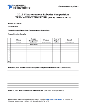 NI ARC Team Application Form PDF National Instruments