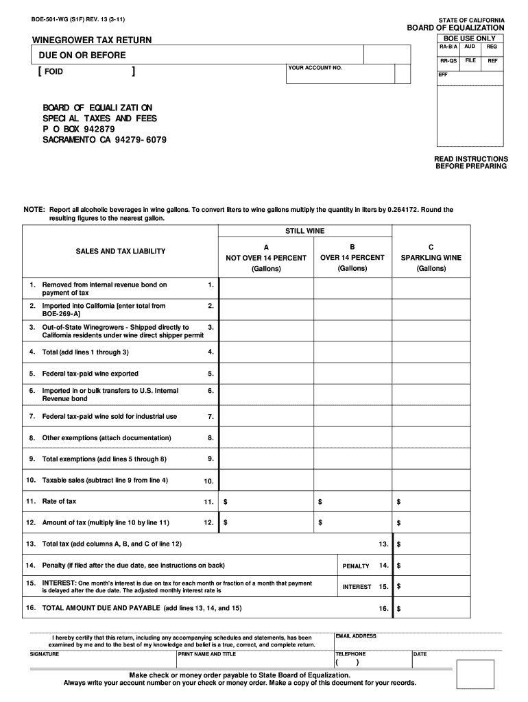  WINEGROWER TAX RETURN BOE 501 WG 2011