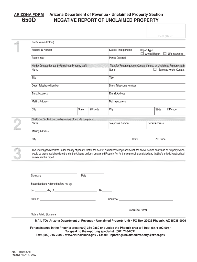  Arizona Form 11022 NEGATIVE REPORT of UNCLAIMED PROPERTY 2010