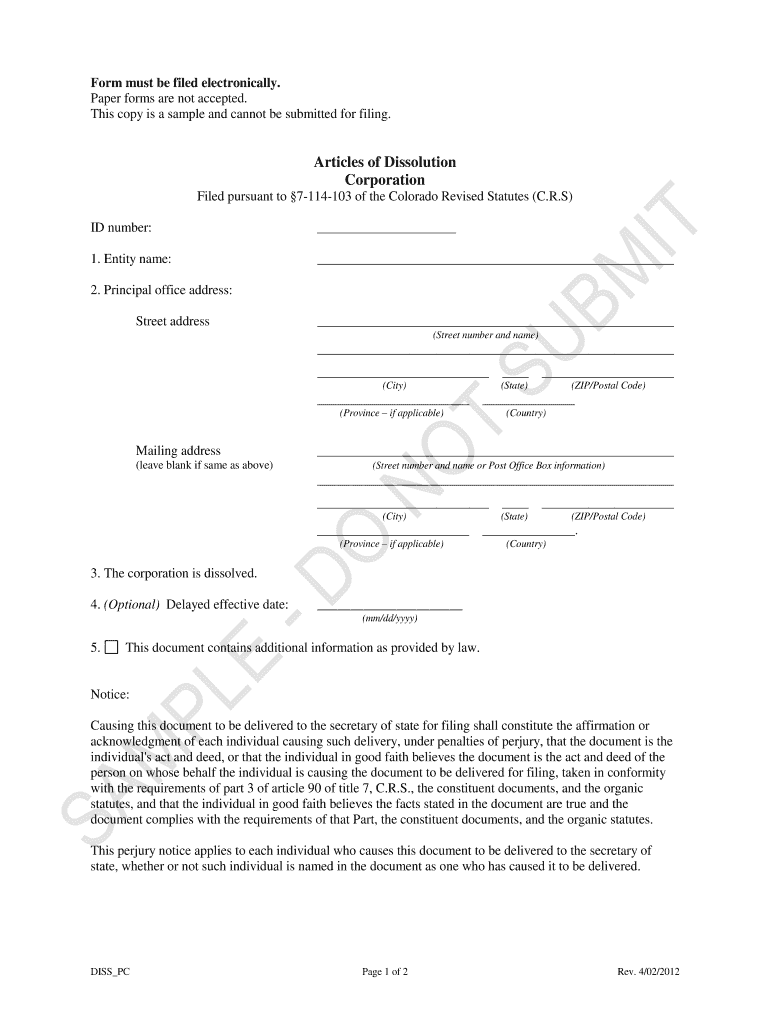 Filed Pursuant to 7 114 103 of the Colorado Revised Statutes C  Form