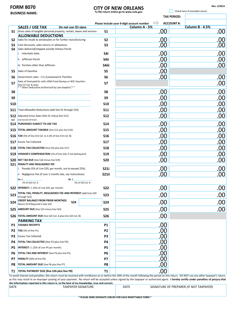 City of New Orleans Sales Tax Form 8070