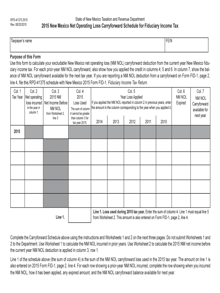  New Mexico Net Operating Loss Carryforward Schedule for Fiduciary Income Tax 2015