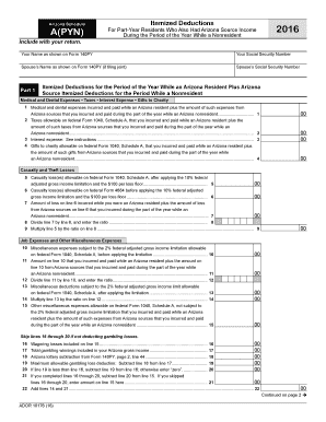 Arizona Schedule APYN Itemized Deductions for Part Year Residents  Form