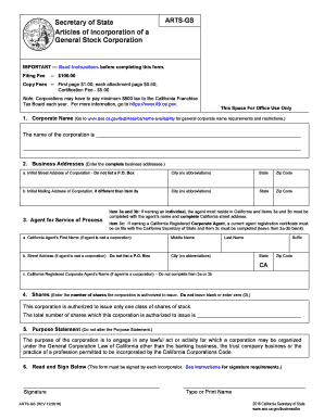  Form ARTS GS Articles of Incorporation of a General Stock Corporation 2016