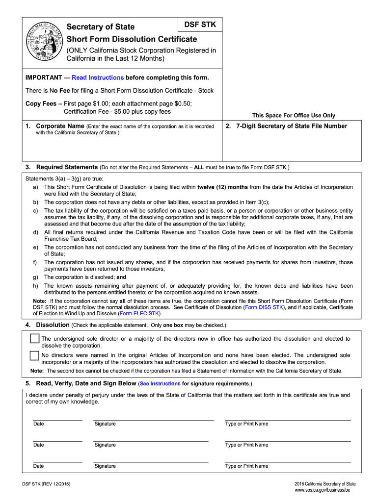  Certificate of Dissolution California 2016