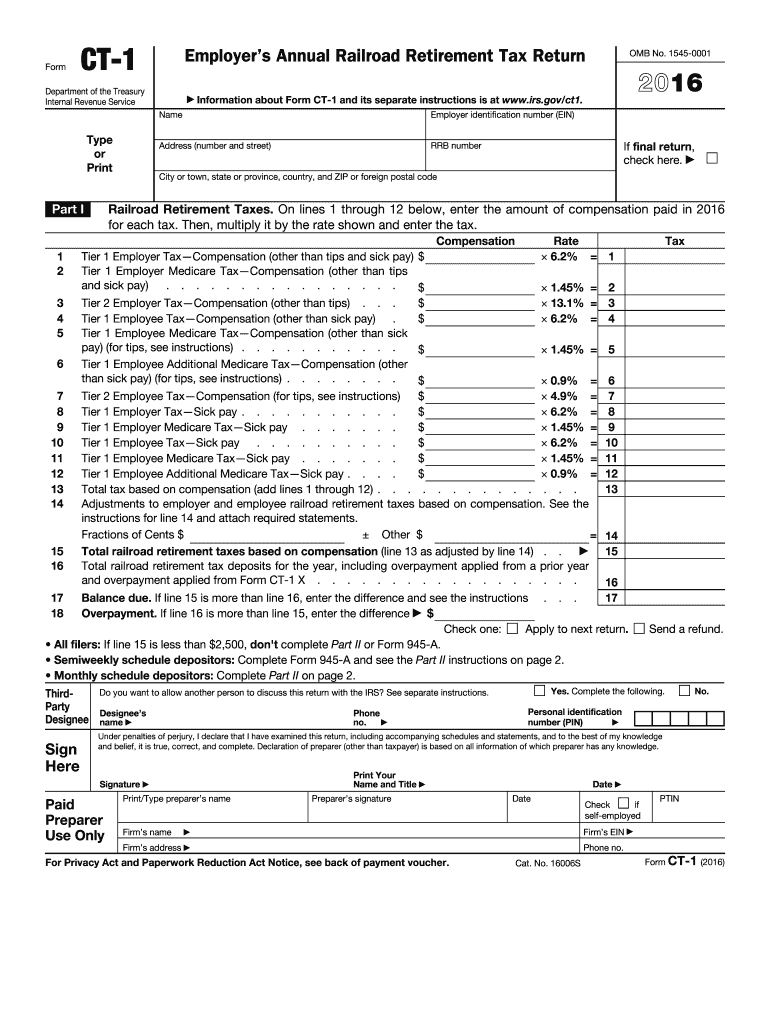  Form CT 1 Employer's Annual Railroad Retirement Tax Return 2016