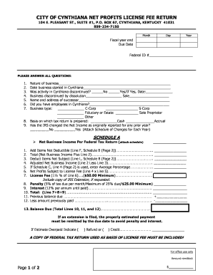 CITY of CYNTHIANA NET PROFITS LICENSE FEE RETURN  Form