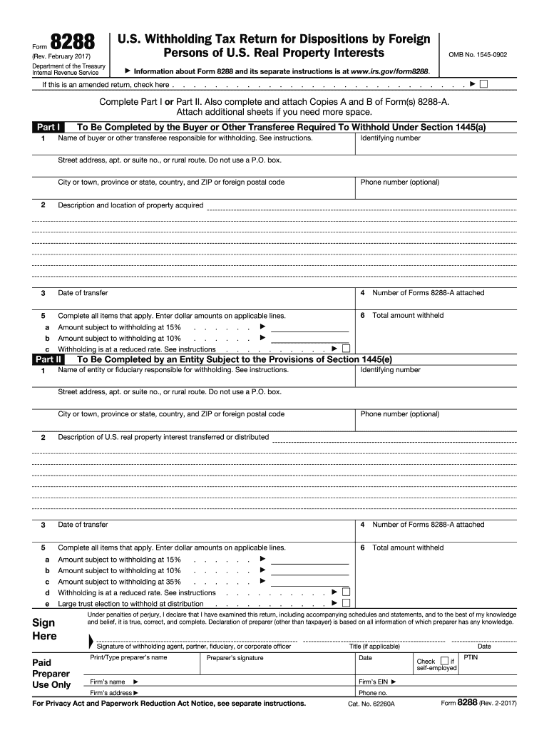  Form 8288, U S Withholding Tax Return for Dispositions by    IRS Gov 2017