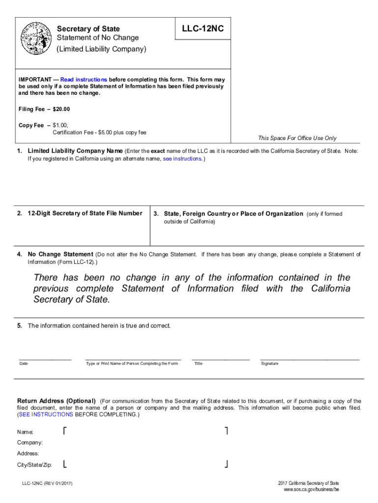  Form LLC 12NC LLC  Statement of No Change 2017