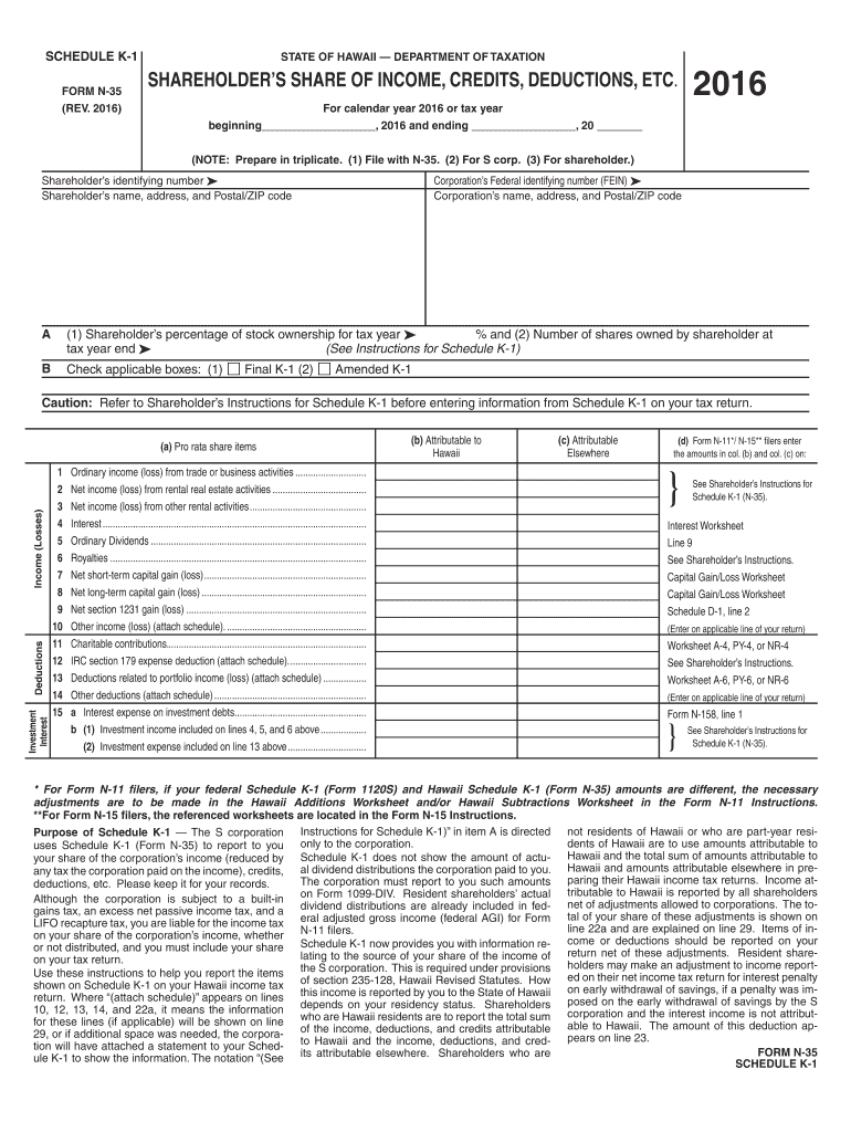  Schedule K 1 Form N 35 Rev Shareholder's Share of Income, Credits, Deductions, Etc  Forms 2016