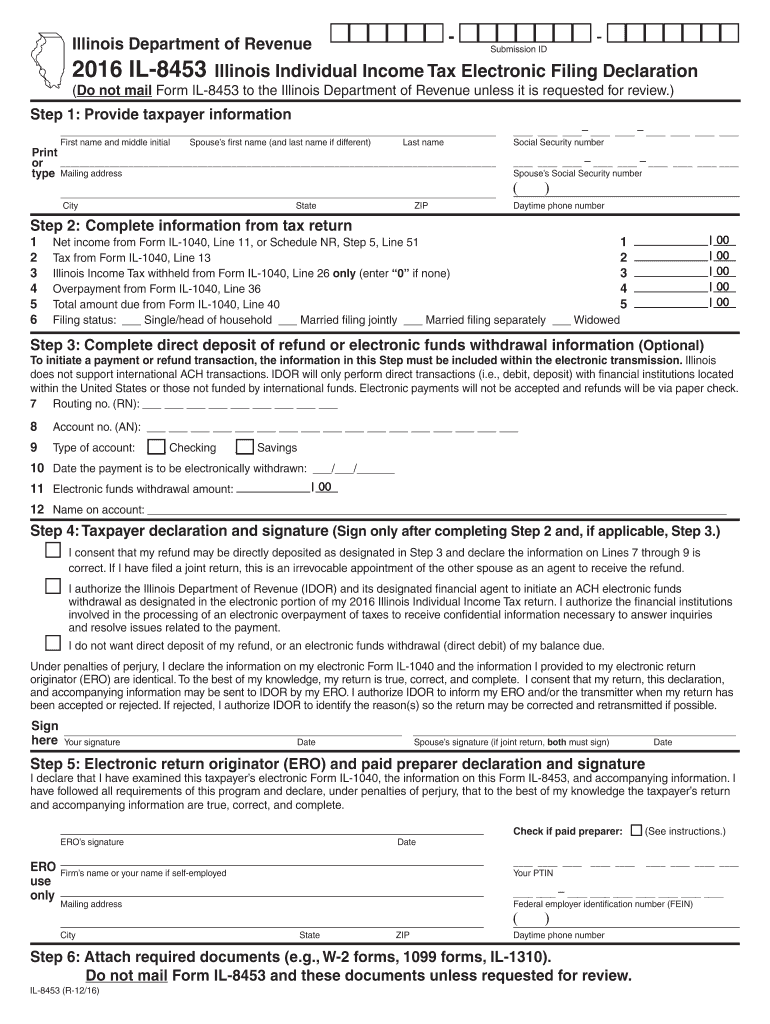  IL 8453, Illinois Individual Income Tax Electronic Filing Declaration 2020