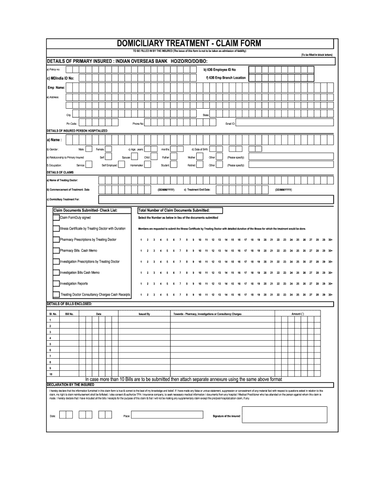 India Domiciliary Treatment Claim Form