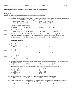 Pre Algebra Unit 8 Practice Test Ratios, Rates, &amp; Proportions  Form