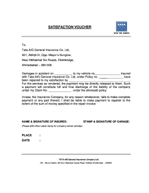 Tata Aig Satisfaction Voucher  Form