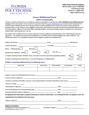 Course Withdrawal Form FPU 5 01034AP Florida Polytechnic