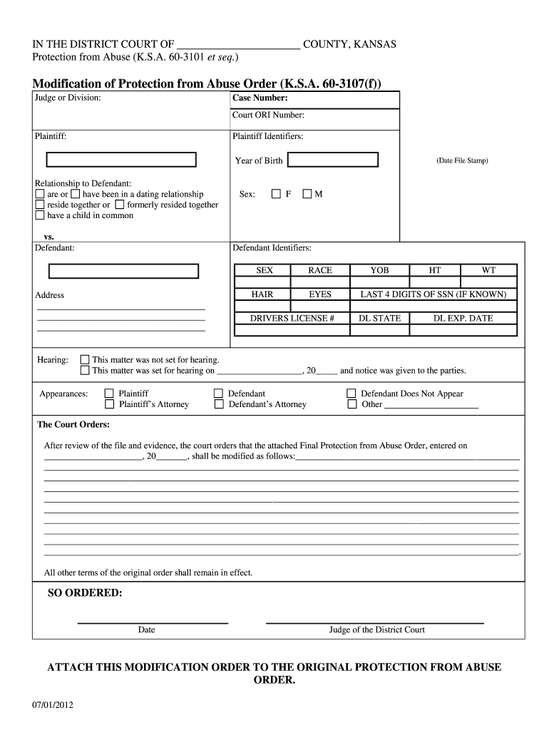  Modification of Protection from Abuse Order K S a 60 Kansasjudicialcouncil 2012-2024