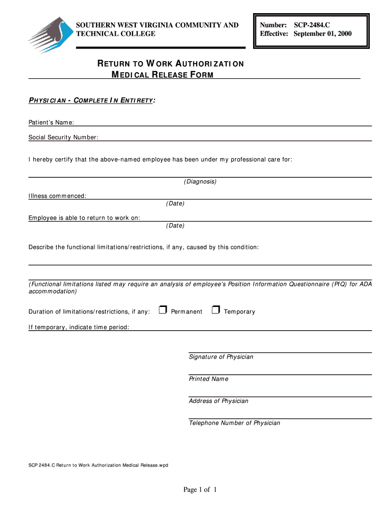  RETURN to WORK AUTHORIZATION MEDICAL RELEASE FORM Southernwv 2000-2024