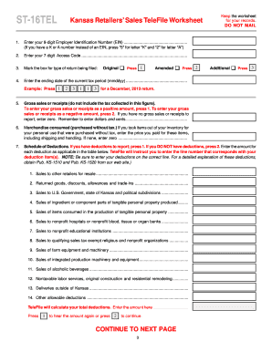 St Tel 16 Kansas Retailers&#039; Sales Telefile Worksheet  Form