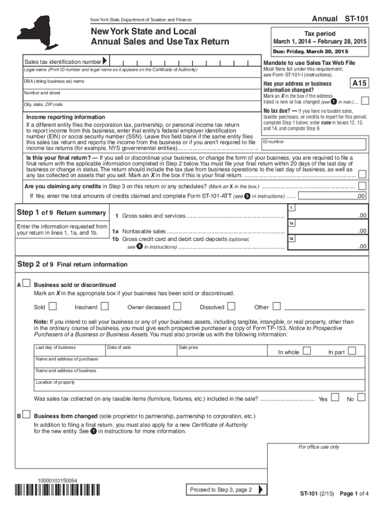  Form ST 101215New York State and Local Annual Sales and 2015