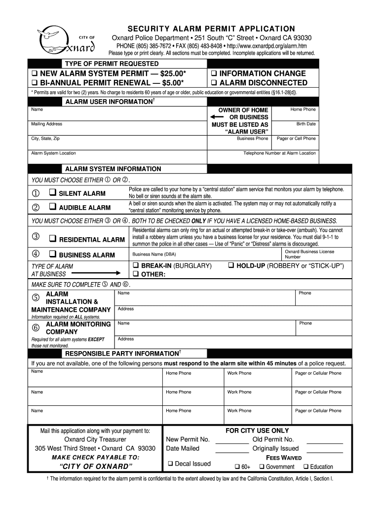 Oxnard Alarm Permit  Form