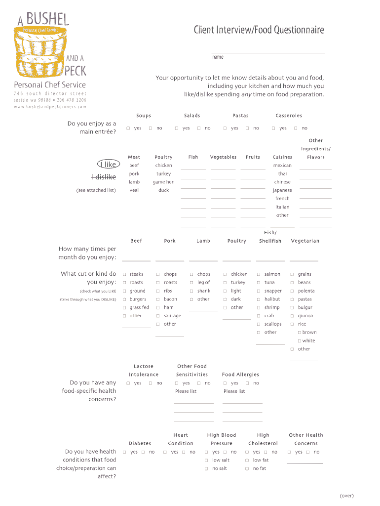Client Food Questionnaire  Form