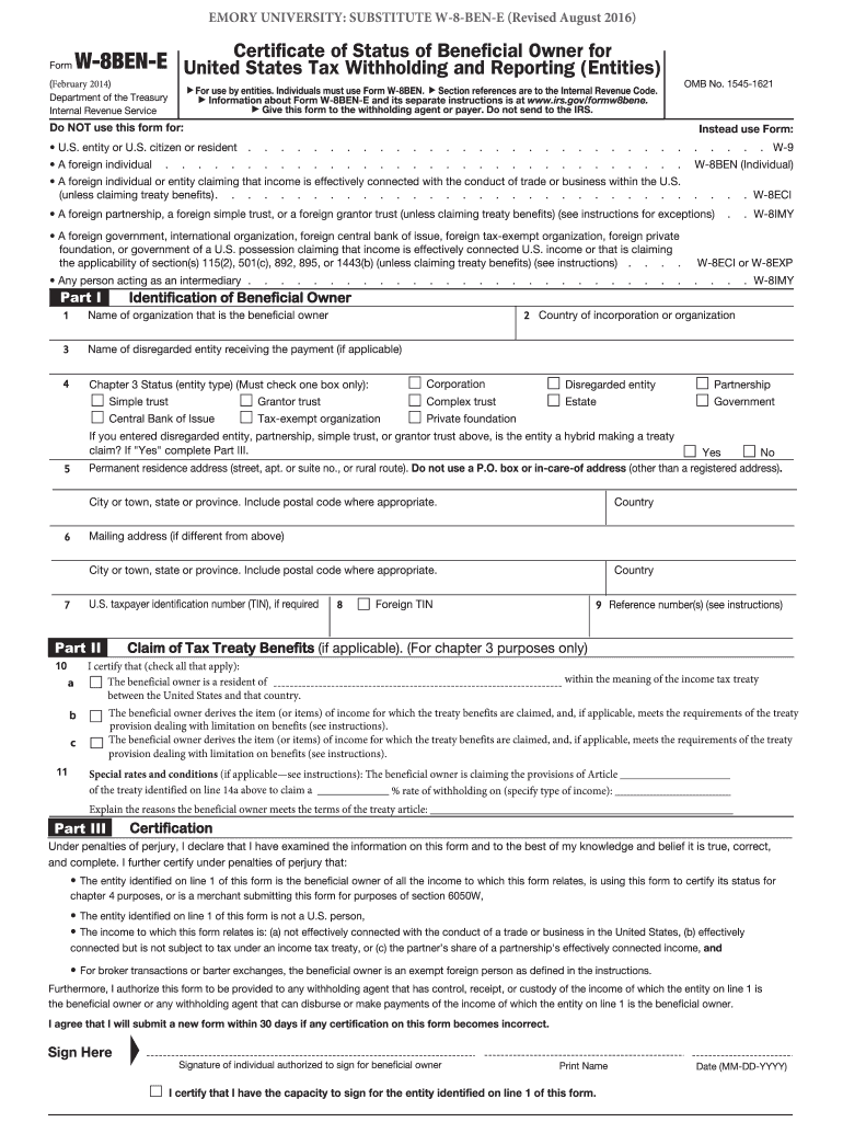  W 8BEN E Short Form Emory Finance Finance Emory 2016